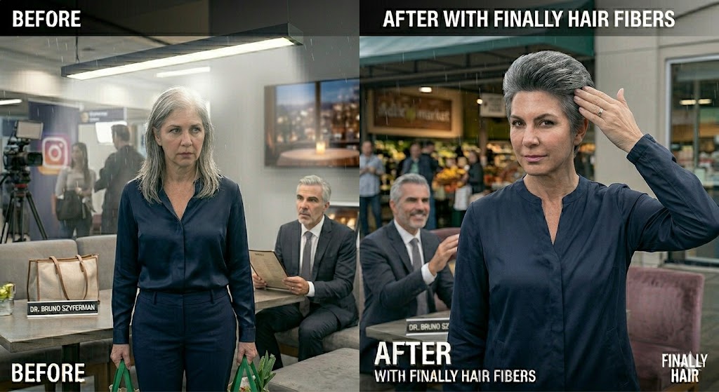A split-panel before and after comparison of a woman with grey hair at a candlelit bistro during a date. The 'Before' panel on the left shows her hair sparse and transparent under direct lighting, with her companion, Dr. Bruno Szyferman, present. The 'After' panel on the right demonstrates her hairstyle with complex salt & pepper tones perfectly full, dense, and natural-looking using Finally Hair building fibers. She runs her hand through her full, voluminous hair, confidently passing 'the touch test' as it blends seamlessly and is undetectable, even in intimate settings. Dr. Szyferman observes the flawless results.