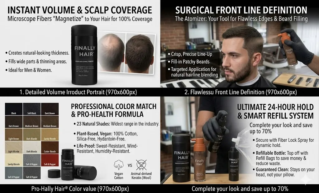 A four-step instructional collage for 'The Ivy League' haircut using Finally Hair fibers. Step 1: A barber establishes the top length using free-hand clippers. Step 2: The sides are tapered using a #3 guard for a clean blend. Step 3: Finally Hair fibers are diffused evenly across the top to fill sparse areas and eliminate scalp reflection. Step 4: The Atomizer Spray Pump is used to create a surgical front line-up for a polished, professional finish.