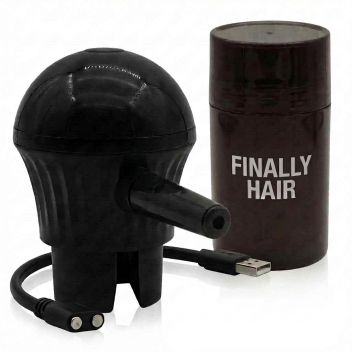 professional picture of the electric Finally Hair fiber sprayer that comes with the sprayer top that fits the new Finally Hair bottle and comes with a bottle that fits. It comes with a charging cable. Simply press the button and the fibers shoot in a straight precision line. Has two shooting speeds. Kit includes sprayer, bottle, charging cable which is all in the picture.