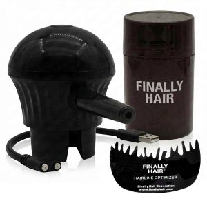 professional picture of the electric Finally Hair fiber sprayer that comes with the sprayer top that fits the new Finally Hair bottle and comes with a bottle that fits. It comes with a charging cable. Simply press the button and the fibers shoot in a straight precision line. Has two shooting speeds. Kit includes sprayer, bottle, charging cable which is all in the picture.