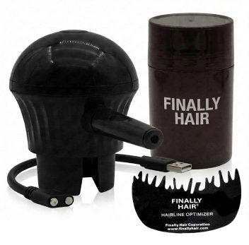 professional picture of the electric Finally Hair fiber sprayer that comes with the sprayer top that fits the new Finally Hair bottle and comes with a bottle that fits. It comes with a charging cable. Simply press the button and the fibers shoot in a straight precision line. Has two shooting speeds. Kit includes sprayer, bottle, charging cable which is all in the picture.