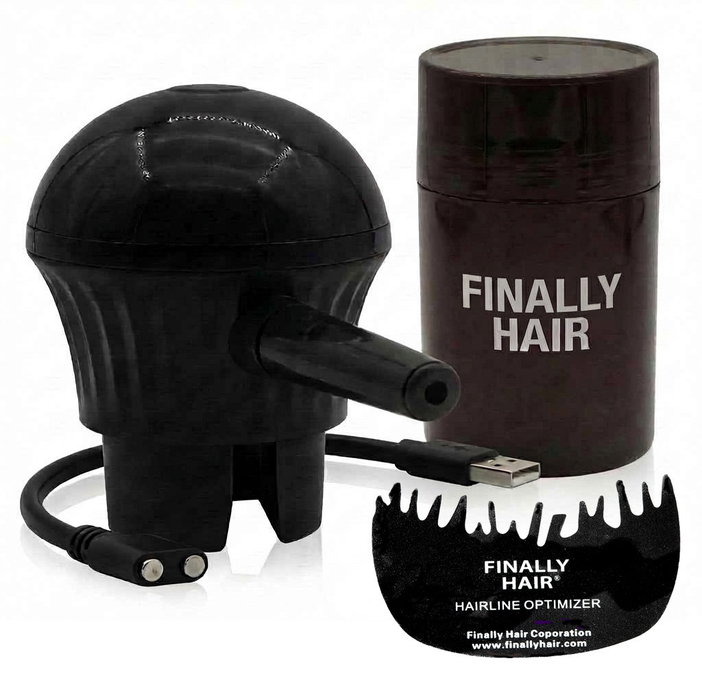 professional picture of the electric Finally Hair fiber sprayer that comes with the sprayer top that fits the new Finally Hair bottle and comes with a bottle that fits. It comes with a charging cable. Simply press the button and the fibers shoot in a straight precision line. Has two shooting speeds. Kit includes sprayer, bottle, charging cable which is all in the picture.