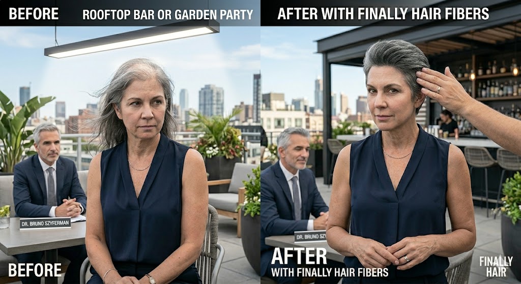 Before and after comparison of a woman at a rooftop bar during a windy day. The 'Before' side shows hair blowing and exposing thinning areas. The 'After' side shows her hairstyle perfectly intact with Finally Hair building fibers' magnetic static bond, with Dr. Bruno Szyferman present.