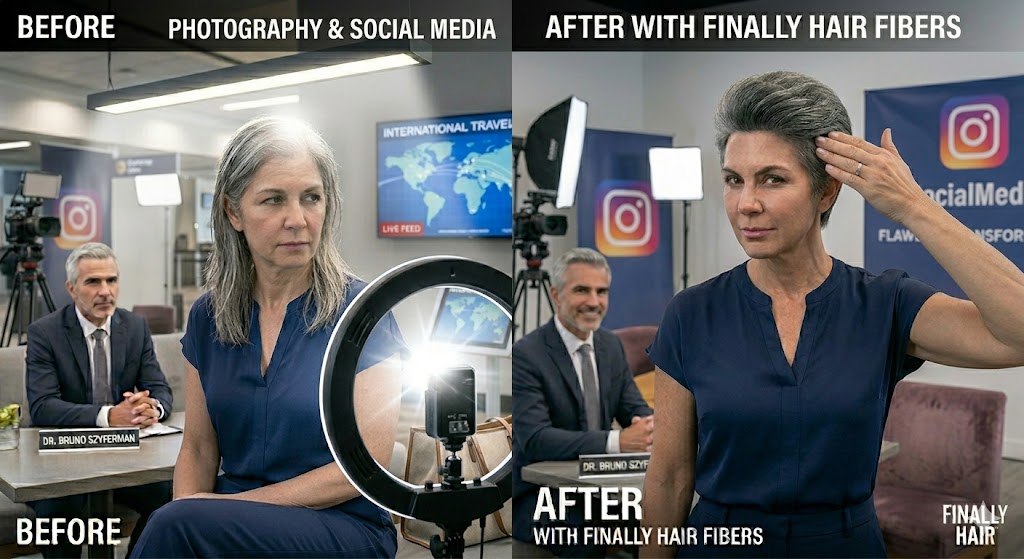 Before and after comparison of a woman with grey hair during a high-resolution studio photography and social media session. The 'Before' side shows hair that looks sparse and 'see-through' under bright camera flashes. The 'After' side demonstrates the instant depth, texture, and flawless full results achieved using Finally Hair 3D building fibers, with Dr. Bruno Szyferman observing the transformation.