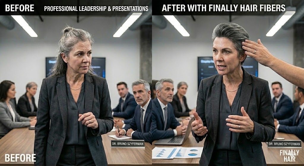 Before and after comparison of a female executive giving a presentation in a boardroom under LED lights. The 'Before' side shows thinning at the crown. The 'After' side shows dense, high-definition coverage using Finally Hair fibers, with Dr. Bruno Szyferman observing the professional results.