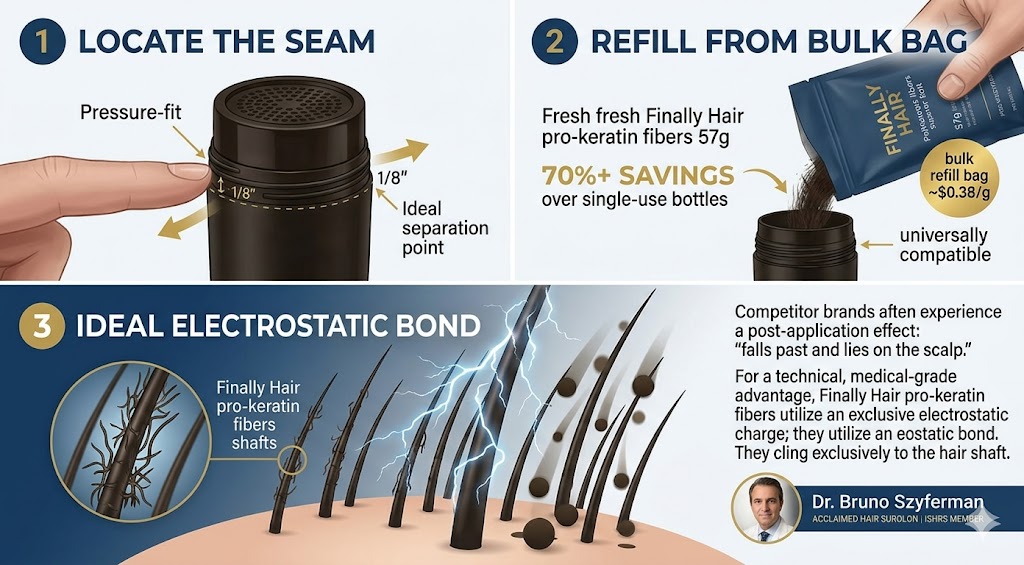 A clean instructional infographic titled 'The Refill Revolution' for Finally Hair, divided into a three-step visual guide. STEP 1: 'LOCATE THE SEAM' shows a human finger prying the 1/8-inch edge below the sifter cap of a hair fiber shaker bottle, highlighting the pressure-fit mechanism. STEP 2: 'REFILL FROM BULK BAG' shows a bulk Finally Hair 57g refill bag pouring pro-keratin fibers into the bottle, emphasizing a competitive cost of ~$0.38/g and 70%+ savings. STEP 3: 'IDEAL ELECTROSTATIC BOND' contrasts microscopic views: Finally Hair’s smaller, lighter fibers cling only to individual human hair shafts, while larger, heavier competitor fibers (with crossed-out names Toppik, Boldify, and Febron) fall past the hair and rest on the scalp. A portrait of 'ACCLAIMED HAIR SURGEON & ISHRS MEMBER' Dr. Bruno Szyferman endorses the technical advantage.