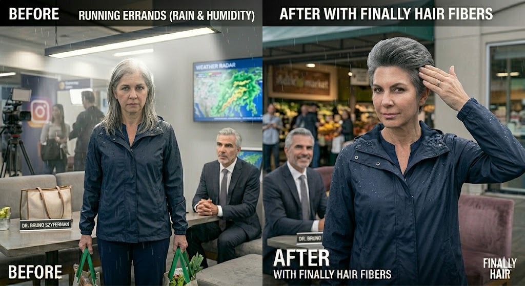 A split-panel before and after comparison of a woman with grey hair running errands during rainy and humid weather. The 'Before' panel on the left shows her hair sparse and transparent under harsh direct lighting while outside a market. The 'After' panel on the right demonstrates her full, voluminous hairstyle with Finally Hair building fibers perfectly intact despite the rain, showing how the water-resistant and humidity-resistant formula keeps the style secure and natural-looking. Dr. Bruno Szyferman is seated in the background in both panels, observing the results.