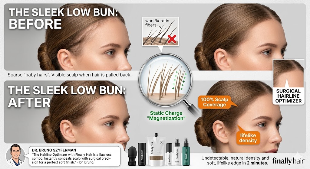 A before and after comparison of a sleek low bun hairstyle using Finally Hair® fibers. The 'Before' panel shows a side profile of a woman with hair pulled back, highlighting sparse baby hairs and visible scalp at the temples. The 'After' panel shows the same woman with a flawlessly dense hairline and soft, natural edges. A central magnifying glass labeled 'Static Charge Magnetization' shows fibers bonding to the hair for lifelike density. The graphic includes a close-up of the 'Surgical Hairline Optimizer' and a quote from Dr. Bruno Szyferman recommending the Hairline Optimizer for a perfect soft finish, alongside a Finally Hair® product lineup.