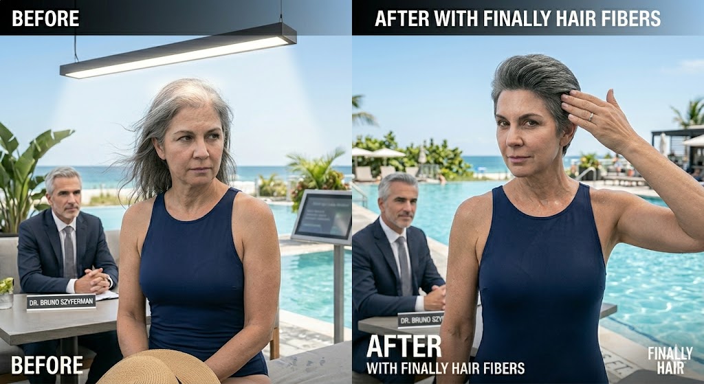 Before and after transformation of a woman in a swimsuit at a luxury pool. The 'Before' side shows hair thinning under bright sunlight. The 'After' side displays a full, voluminous style using Finally Hair humidity-resistant fibers, with Dr. Bruno Szyferman overseeing the results.