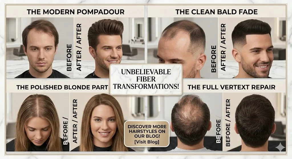 A multi-panel comparison titled "UNBELIEVABLE FIBER TRANSFORMATIONS!". Four before and after photos showcase hair fibers enhancing different styles: 'THE MODERN POMPADOUR' for a full crown, 'THE CLEAN BALD FADE' for a sharp hairline, 'THE POLISHED BLONDE PART' for volume along the part, and 'THE FULL VERTEXT REPAIR' for crown density.