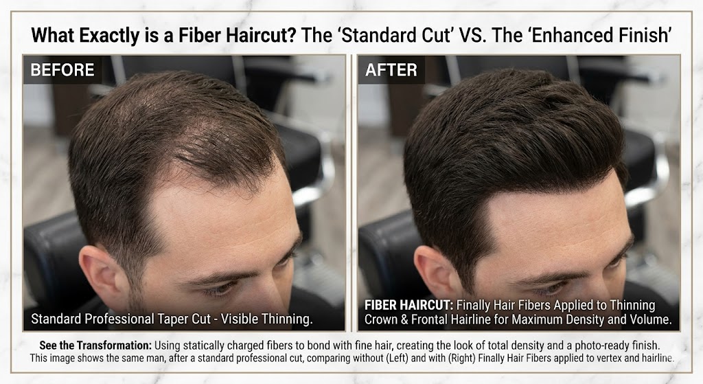 Side-by-side comparison titled "What Exactly is a Fiber Haircut?". The "Before" image shows a top-down view of a man's thinning vertex. The "After" image shows the same man with Finally Hair Building Fibers applied, resulting in a completely dense, full-looking crown.