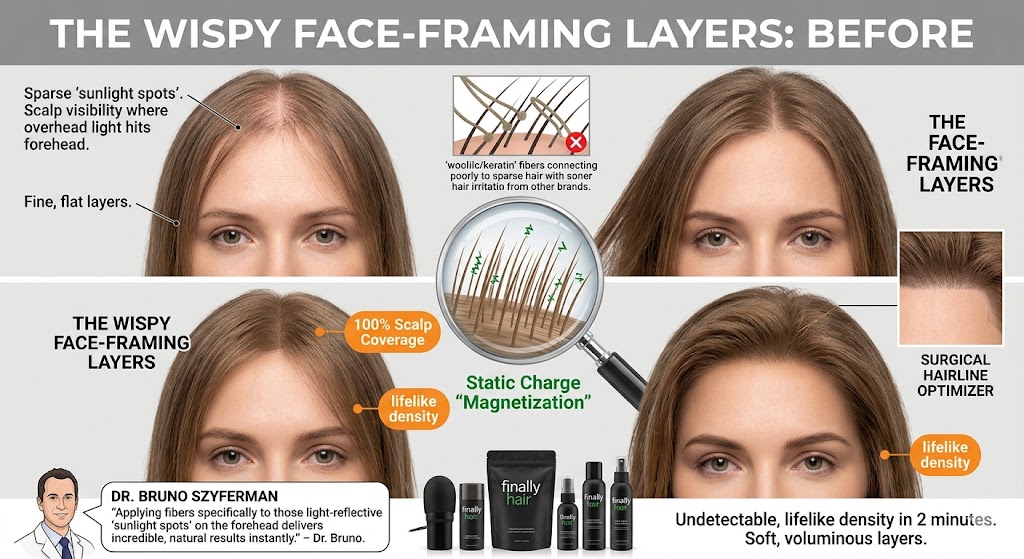 A before and after comparison of a woman with wispy face-framing layers using Finally Hair® fibers. The 'Before' panel highlights 'sunlight spots' on the forehead where overhead light makes thinning hair more visible against the scalp. The 'After' panel shows the same woman with undetectable, lifelike density in those light-reflective areas, resulting in soft, voluminous layers. A central magnifying glass demonstrates the 'Static Charge Magnetization' of the fibers to the hair strands. The graphic features a professional tip from Dr. Bruno Szyferman on targeting sunlight spots for natural results, alongside the Finally Hair® product lineup including the Surgical Hairline Optimizer.